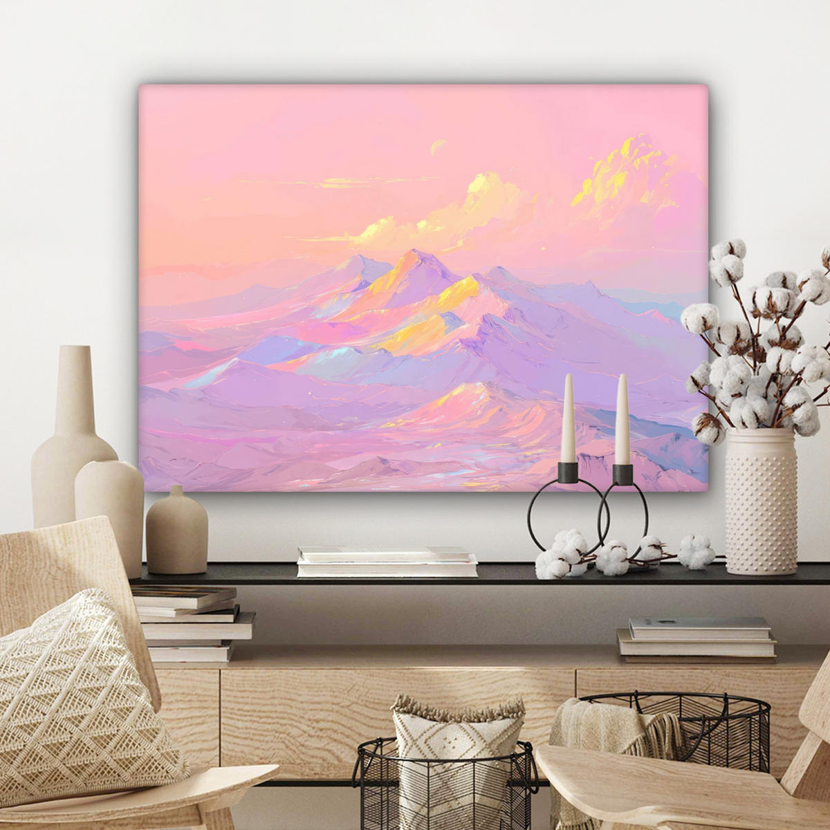 LEINWANDBILD Berggipfel - Wolken - Verträumt Wandbilder 80x60 cm - Hellrosa, Textil (80/60cm) - MuchoWow