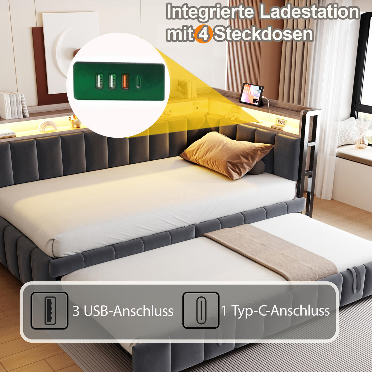 SCHLAFSOFA 90x200cm mit Ausziehbett, LED, USB-C, Dunkelgrau - Grau, Textil (90/200cm) - FLIEKS