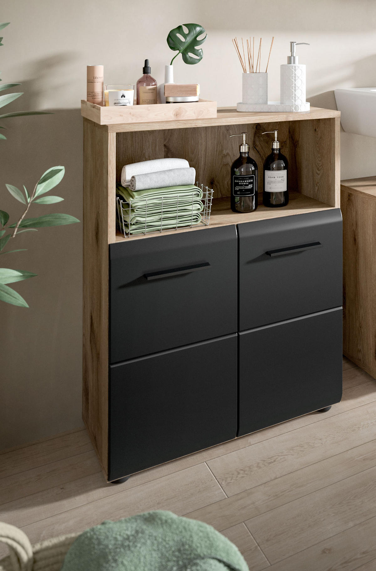 MIDISCHRANK schwarz matt, Eiche 2-türig, Badkommode 60 cm - Eichefarben/Schwarz, Holzwerkstoff/Kunststoff (60/80/30cm) - Inn.Furn
