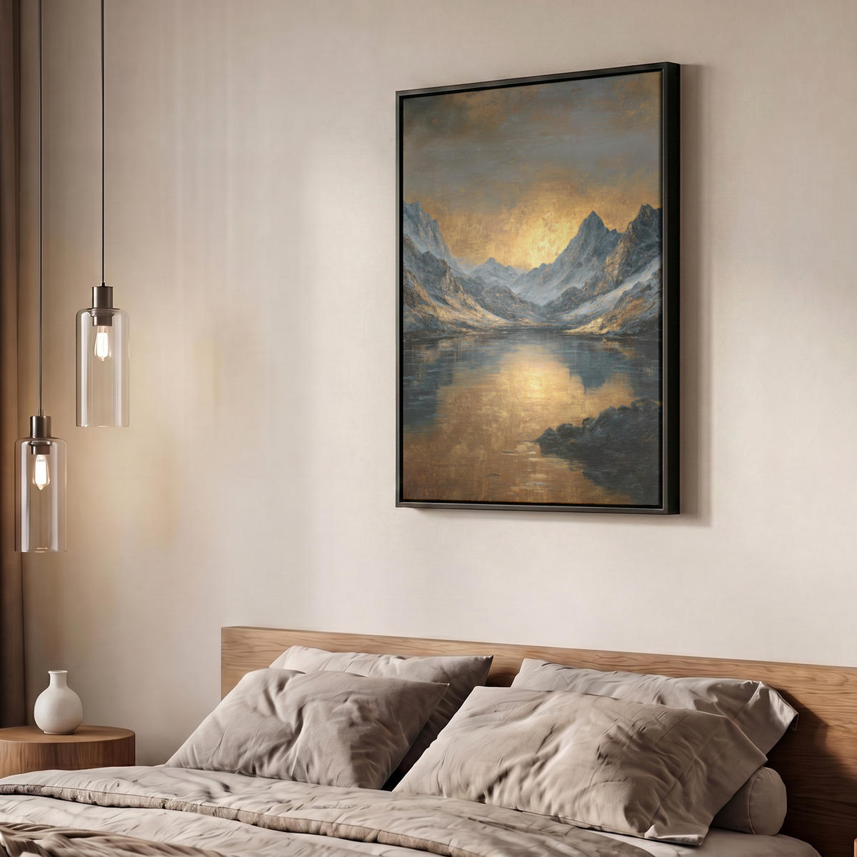 LEINWAND Bilder mit Rahmen - Bergkulisse mit goldenem Sonnenuntergang - 50x70 - Goldfarben, Textil (50/70cm) - MuchoWow