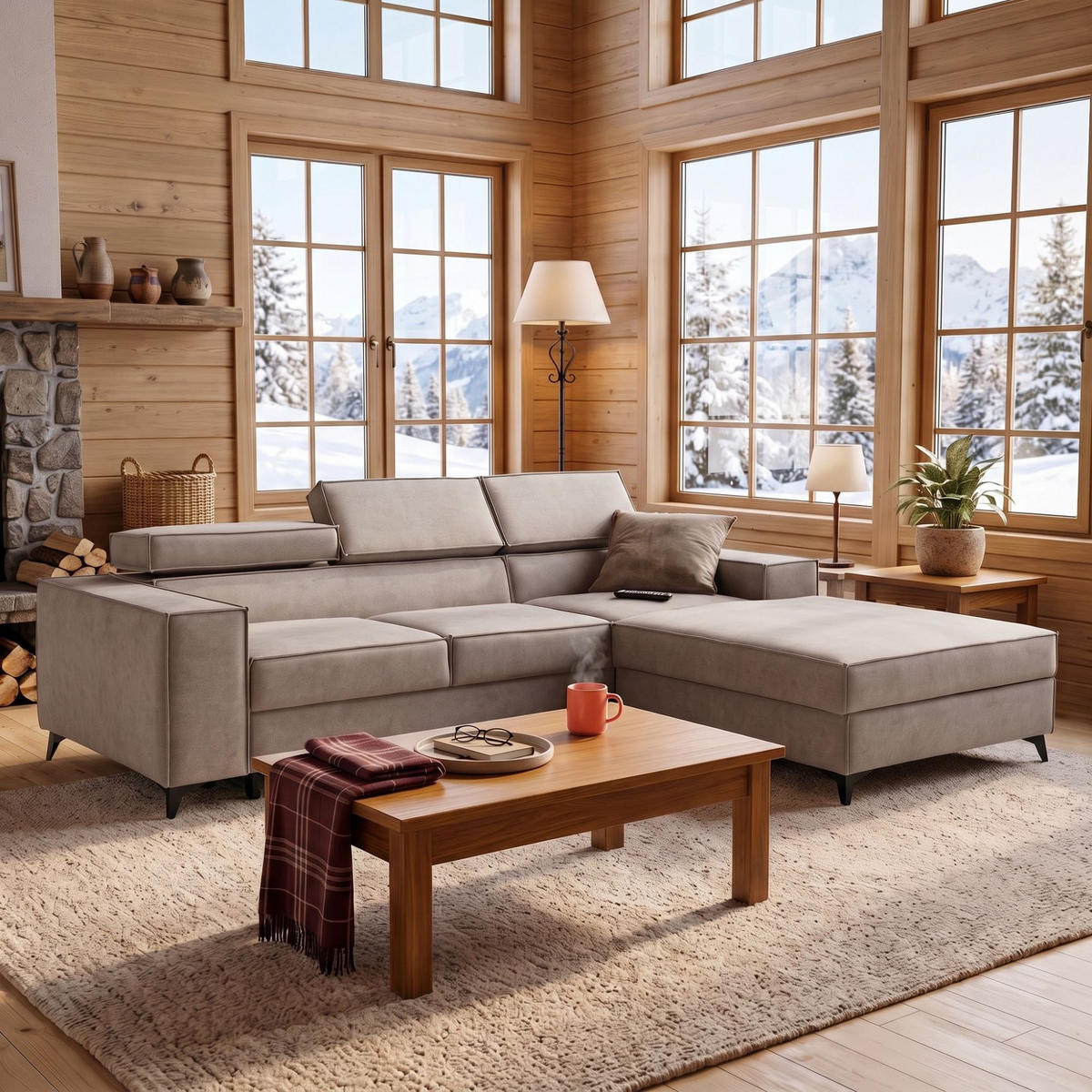 ECKSOFA PURE S Rechts mit Schlaffunktion 127x215 Velours Creme - Creme/Schwarz, Holz/Textil (204/281cm) - Muffo