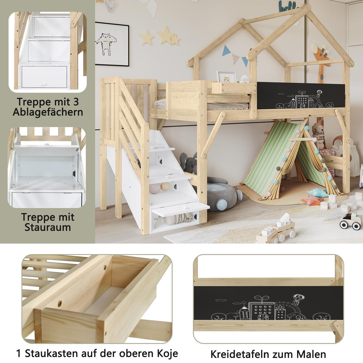 ETAGENBETT 90x200 cm Tafel Treppe weiß - Weiß, Holz (90/200cm) - LEBENLANG