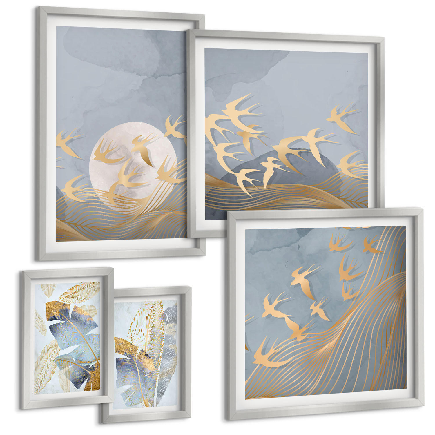 BILDER SET 5er Set - 50x50 cm & 20x30 cm & 40x60 cm Silberner Rahmen - Blaubeige Blätter im Hintergrund - Silberfarben, Kunststoff (40/60cm) - TULUP