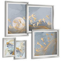 BILDER SET 5er Set - 50x50 cm & 20x30 cm & 40x60 cm Silberner Rahmen - Blaubeige Blätter im Hintergrund - Silberfarben, Kunststoff (40/60cm) - TULUP