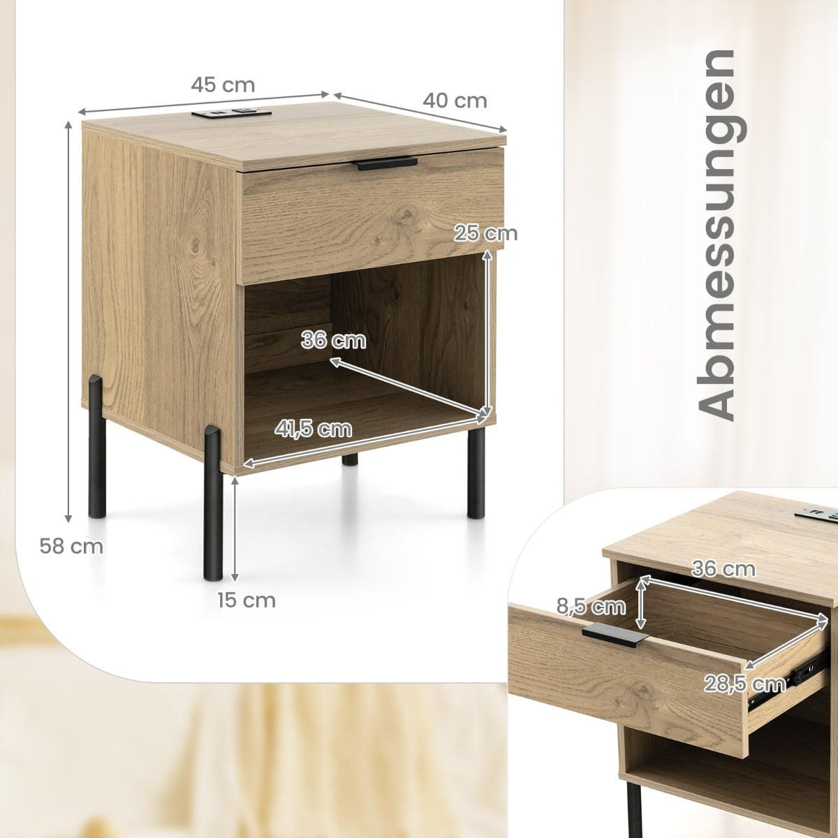 NACHTTISCH mit integrierter Ladestation, Schublade und offenem Fach - Edelstahlfarben/Naturfarben, Holzwerkstoff/Metall (40/58/45cm) - DESIGN IN