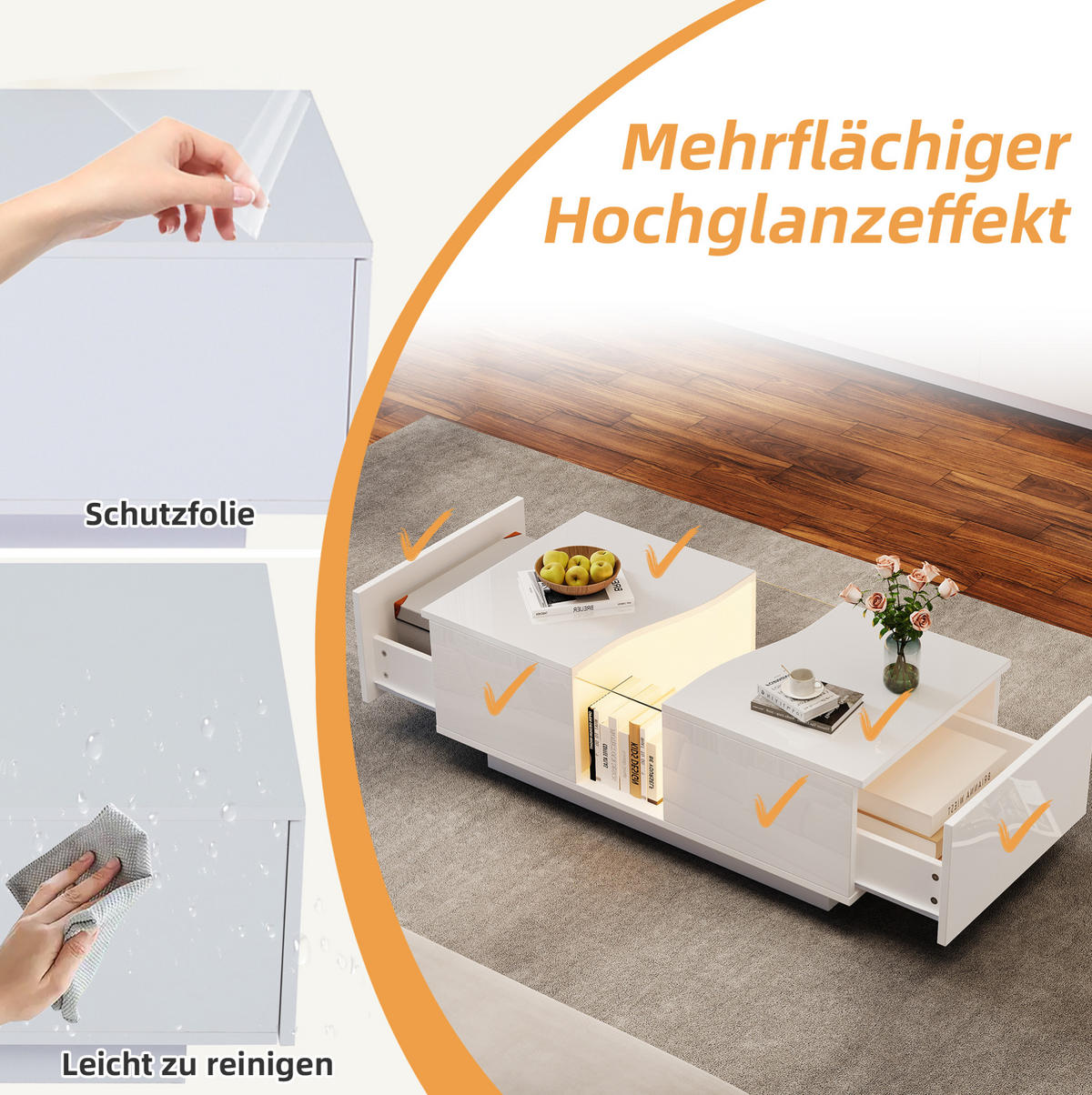 COUCHTISCH aus MDF 100x50x35 cm in Weiß mit LED-Beleuchtung & 2 Schubladen - Weiß, Holzwerkstoff (100/50/35cm) - Modfu