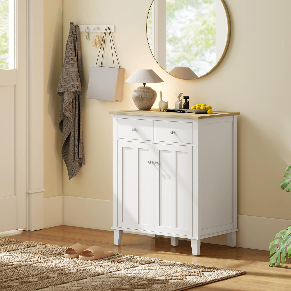SIDEBOARD Weiß und Holzfarben, 2 Türen, 2 Schubladen, 76/48/91 cm - Weiß, Holz (76/91/48cm) - PANGIVO