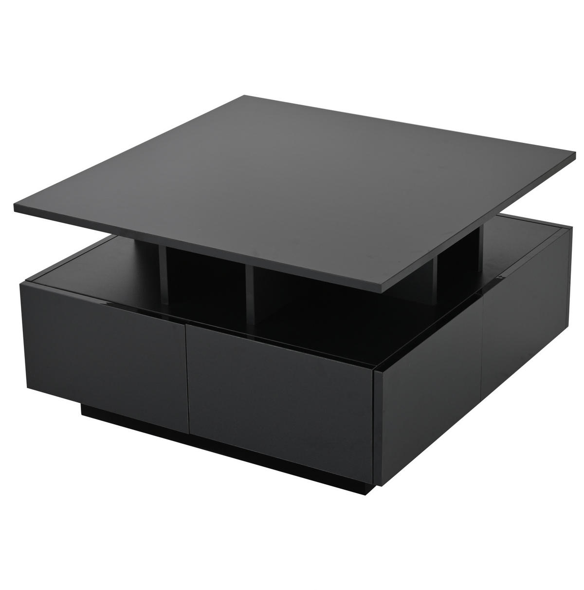 COUCHTISCH aus Spanplatte 70x70x40 cm Schwarz mit LED-Beleuchtung, 4 Schubladen und Hochglanzoberfläche - Schwarz, Holzwerkstoff (70/70/40cm) - Modfu