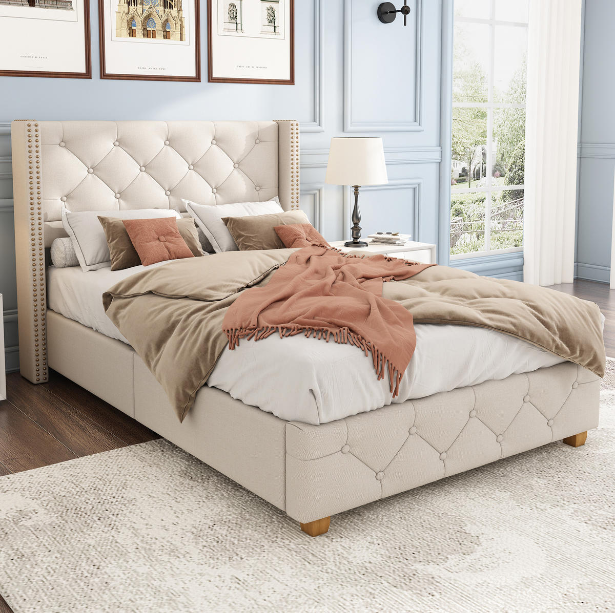 POLSTERBETT 90/200 cm in Beige aus Leinen mit Knopfheftung und Nieten - Beige, Textil (90/200cm) - Flora Grace