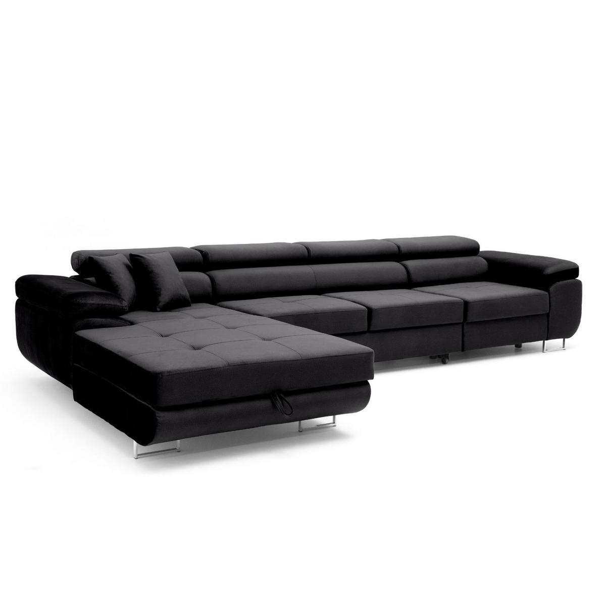 ECKSOFA ALONZO MAXI Links mit Schlaffunktion 125x195 Velours Schwarz - Silberfarben/Schwarz, Holz/Textil (350/203cm) - Muffo