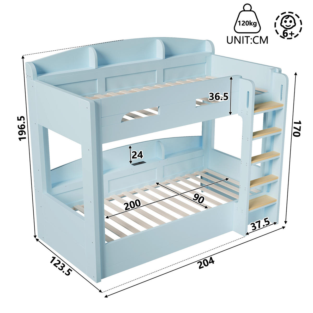 HOCHBETT 90/200 cm in Hellblau mit USB-Steckdose und Ablagefächern aus Holz und MDF - Hellblau, Holzwerkstoff (90/200cm) - STILVORA