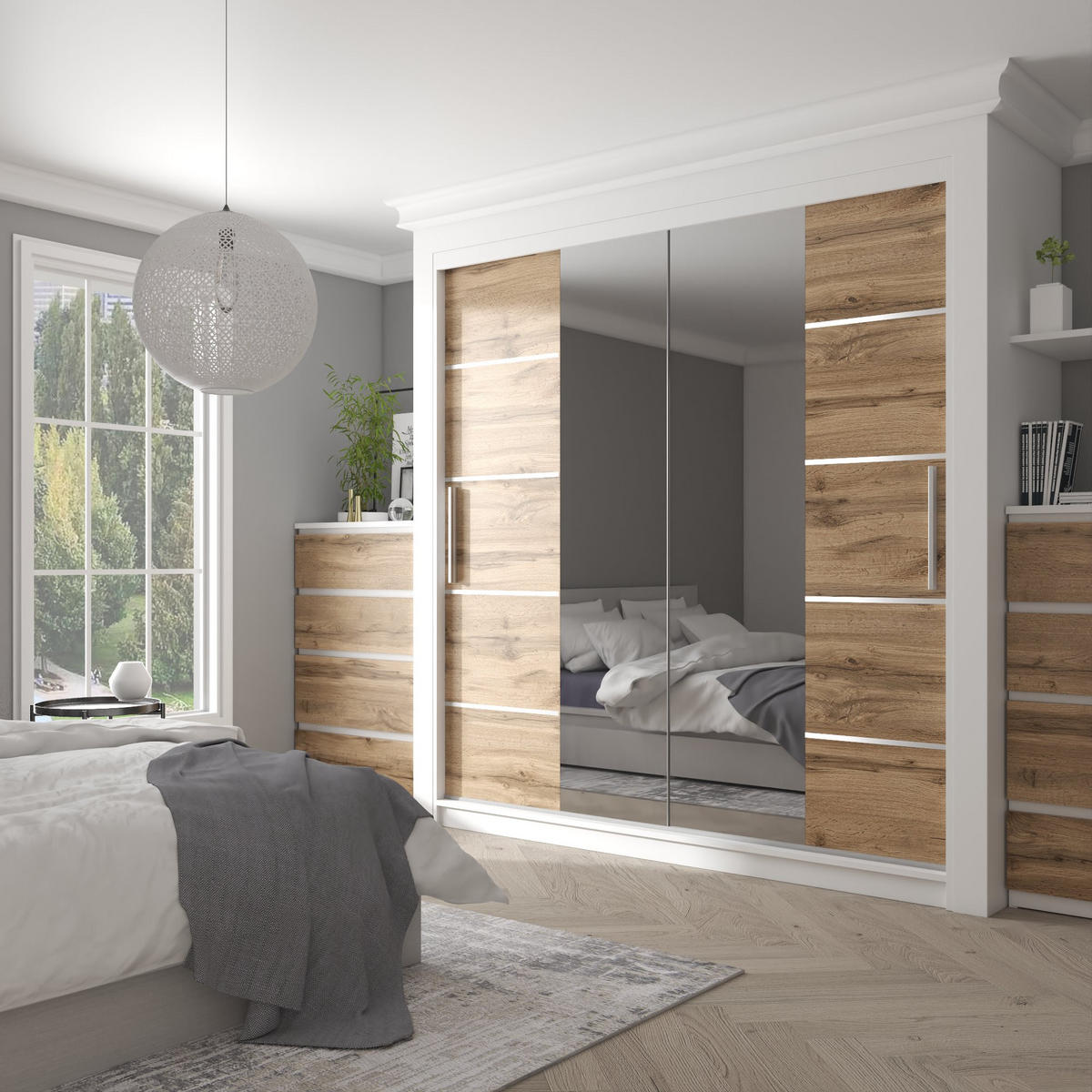 SCHWEBETÜRENSCHRANK Verona ME, Weiß/Goldbraun Matt, 200 cm, mit Spiegel - Braun, Holz (200/216/60cm) - B BELINI GROUP