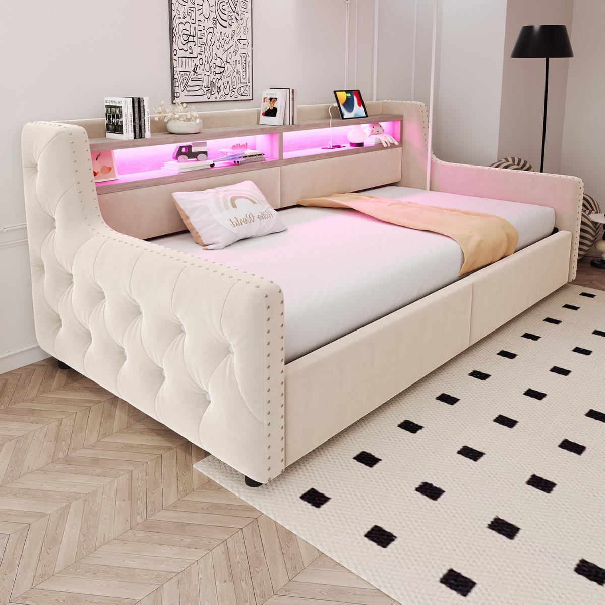 POLSTERBETT 90/200 cm aus Samt mit LED, Stauraum und Lattenrost Beige - Beige, Textil (90/200cm) - Modenvie