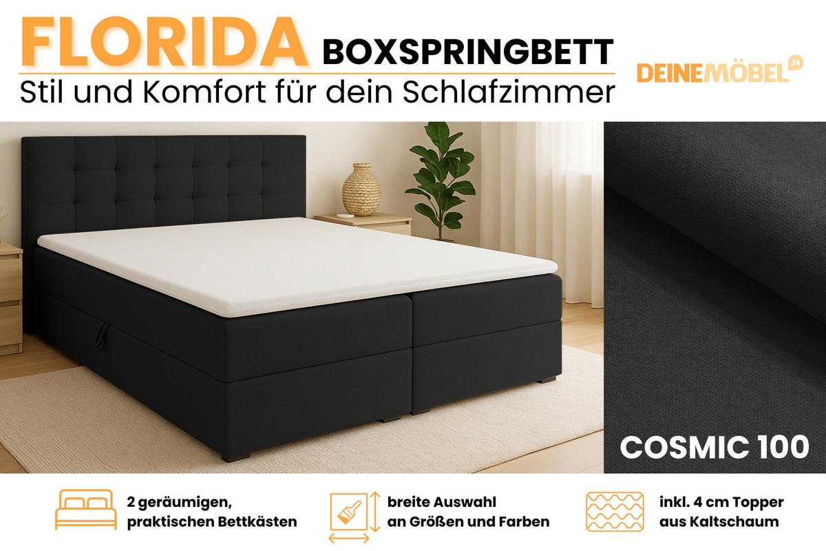 BOXBETT FLORIDA 160/200 in Velour Schwarz - Schwarz, Holz/Holzwerkstoff (160/200cm) - Deine Möbel 24