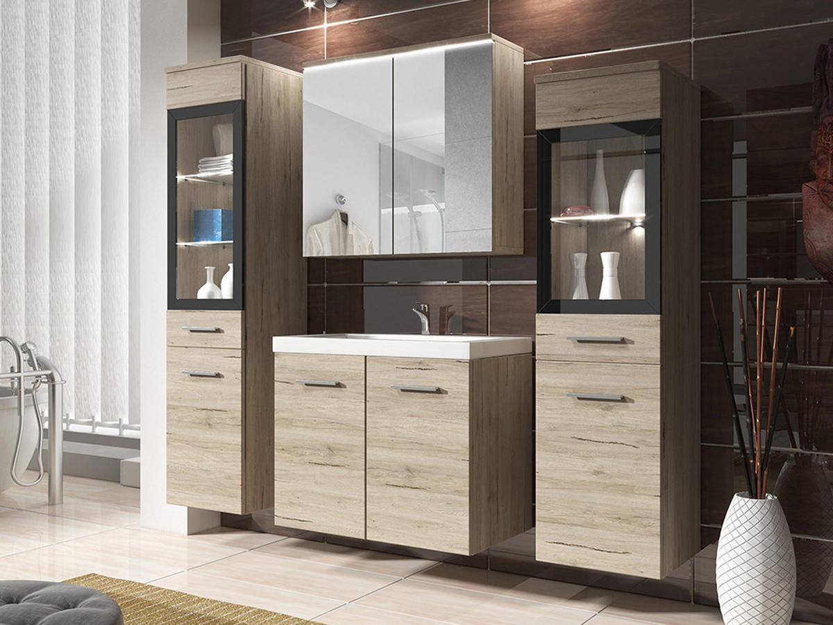 BADMÖBEL-SET Madrit II mit weißer LED Beleuchtung - Silberfarben/Naturfarben, Holzwerkstoff/Kunststoff (132/132/30cm) - MIRJAN24