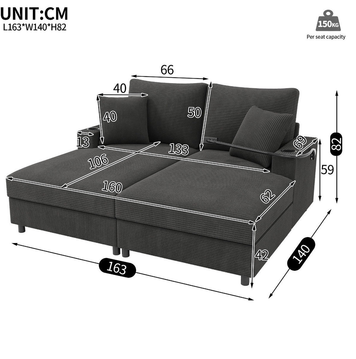SCHLAFSOFA 163/140/82 cm in Grau – mit USB-Anschluss und Cordbezug - Grau, Textil (140/82/163cm) - BEAOK