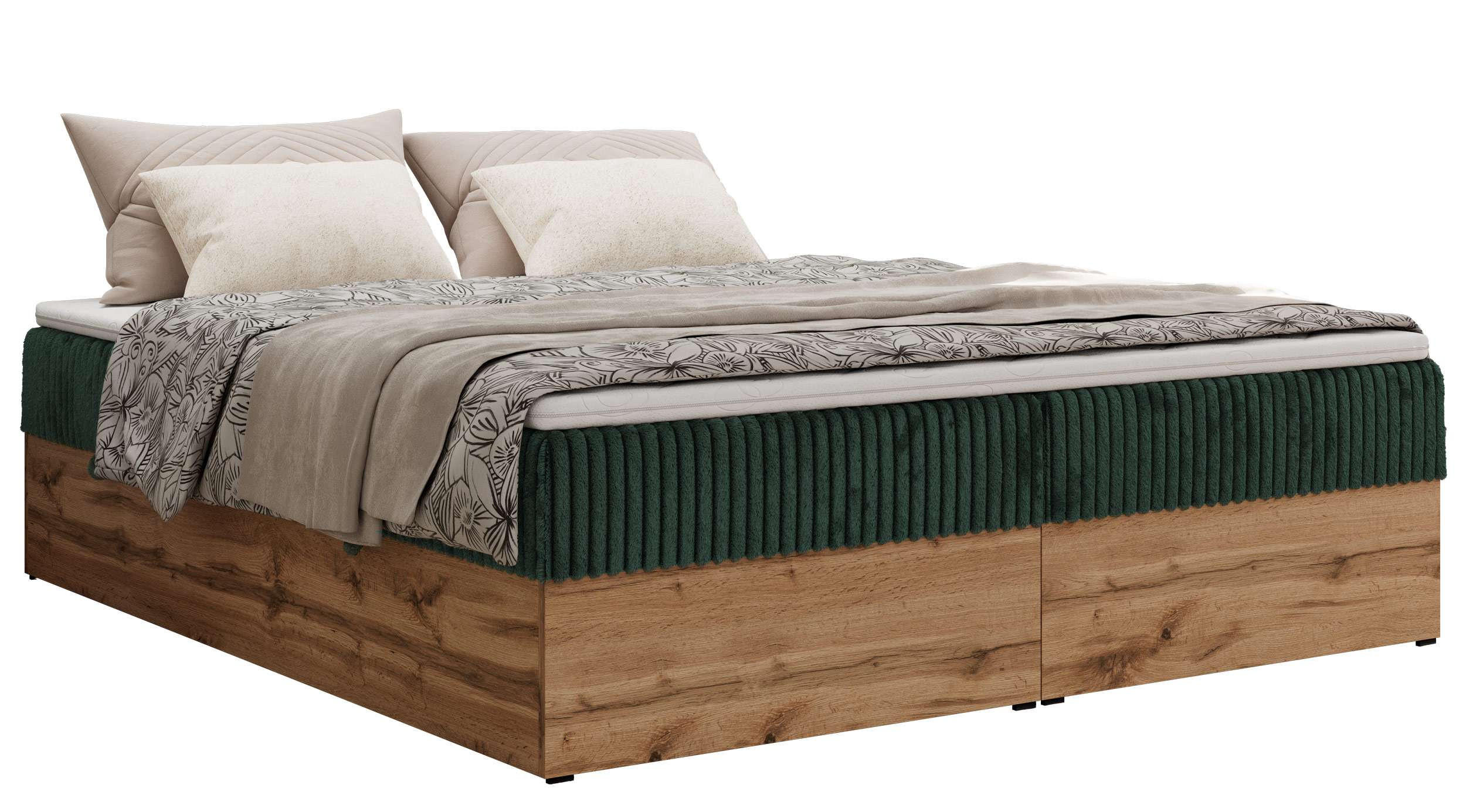 MKS KONTINENTÁLNÍ POSTEL WOOD ZERO 160/200 - Tmavě zelená Manšestr - H3