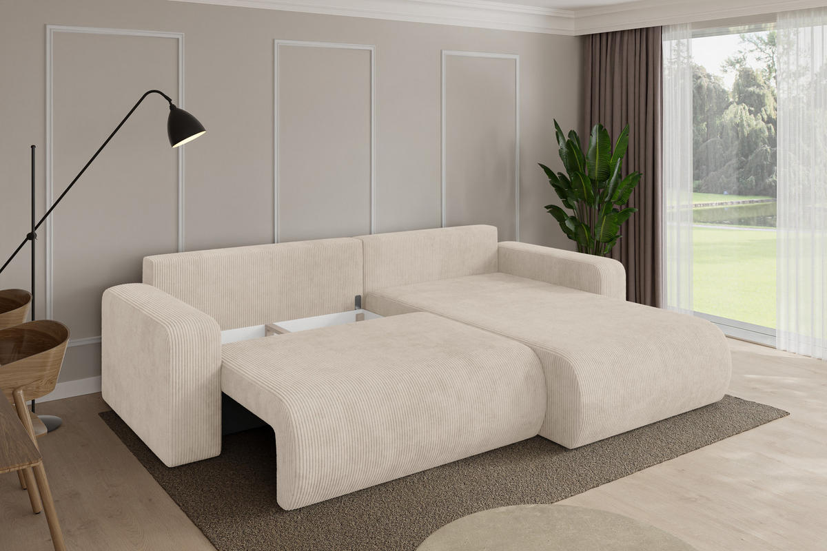 ROHOVÁ SEDAČKA s funkcí spaní, otoman vpravo BERY-L 276x193x88 béžová manšestr - černá/béžová, kompozitní dřevo/textil (276/193cm) - ALTDECOR