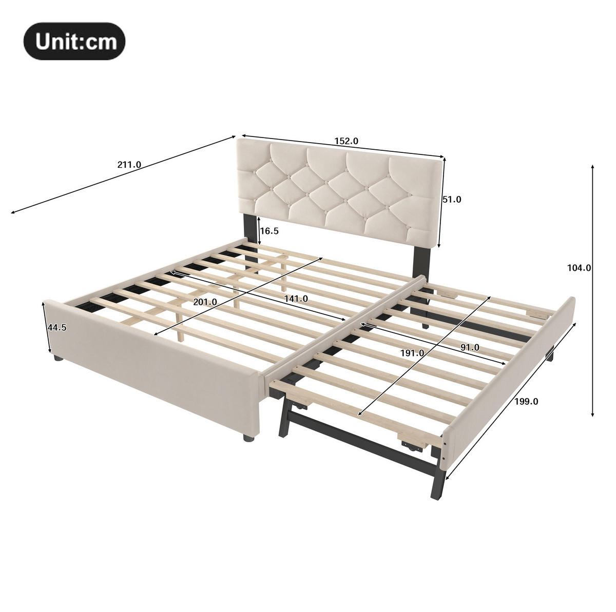 POLSTERBETT 140/200 cm mit Rollcontainer aus Samt Beige - Beige, Textil (140/200cm) - OKWISH