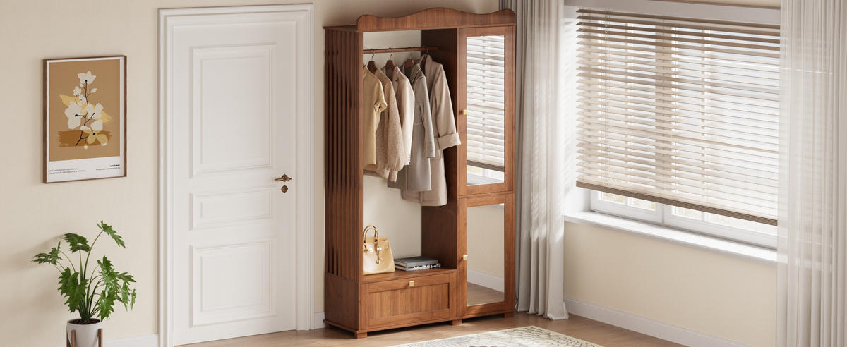 GARDEROBENSCHRANK Spiegel Kleiderstange Schublade - Nussbaumfarben, Holz (115.5/194.5/38.5cm) - LEBENLANG