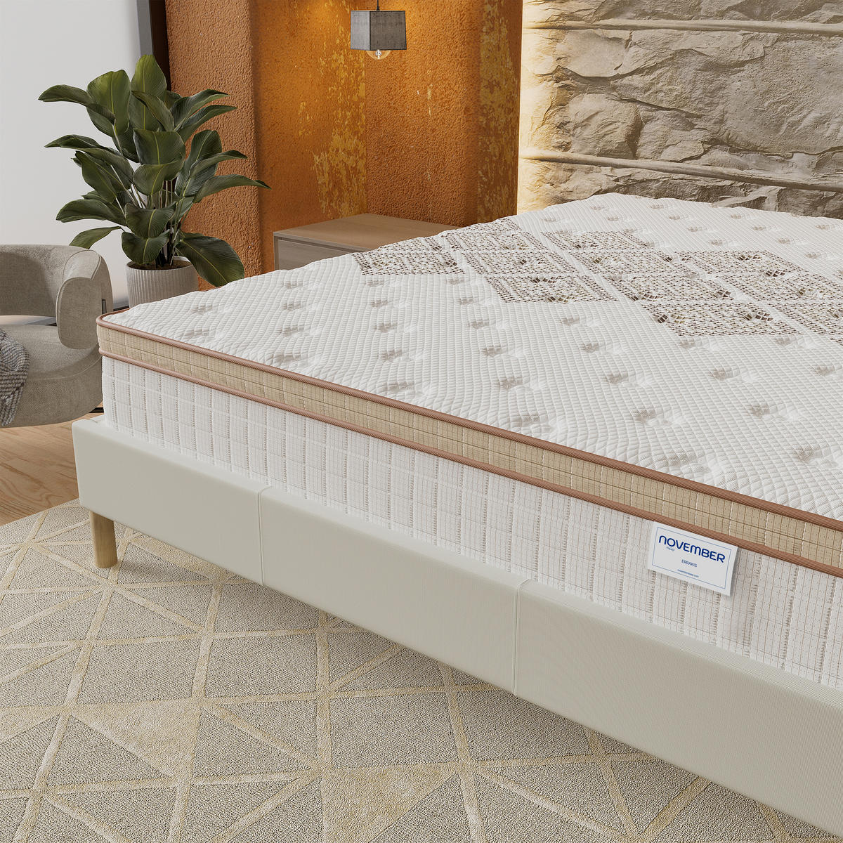 BETT und MATRATZE - 160 x 200 cm - Taschenfederkern - 28cm dick - Weiß, Naturmaterialien/Eichenholz (160/200cm) - November Sleep