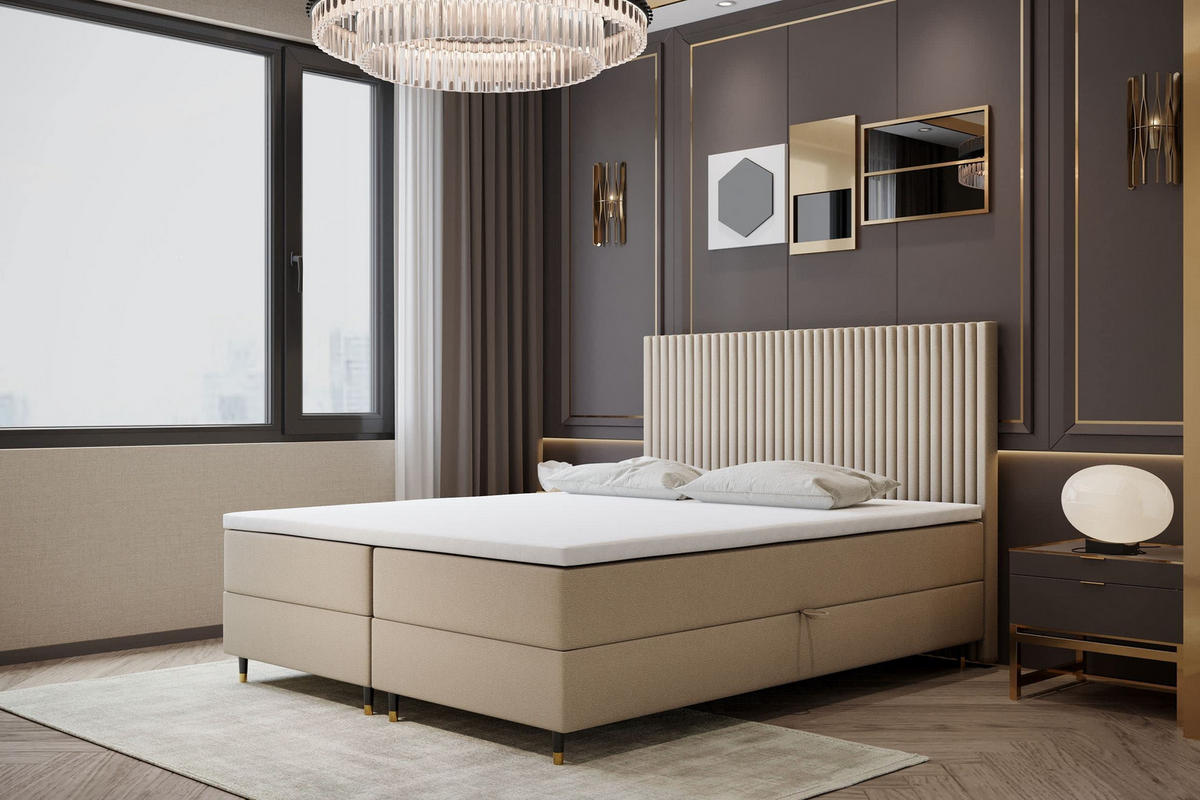 BOXBETT 140 x 200 cm mit Taschenmatratze ESTEPONA, Bettkästen mit Gasdruckfedern, Elegants gepolsterte Kopfstütze und Topper, Hellbeige - Beige, Holz/Textil (140/200cm) - Trada