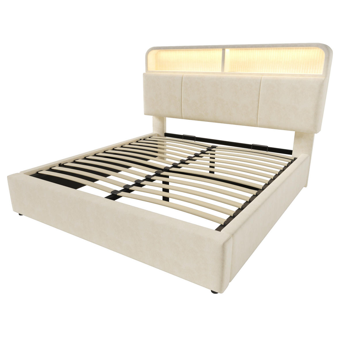 POLSTERBETT mit Stauraum 180x200 cm Samt Beige mit LED & USB - Beige, Metall (180/200cm) - Meubliv