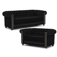 SITZGARNITUR 3+2 Chesterfield Cleo Blink Schwarz Samt mit Kristallsteppung und braunen Massivholzfüßen - Schwarz/Braun, Holz/Textil (203/72/86cm) - S-Style Möbel