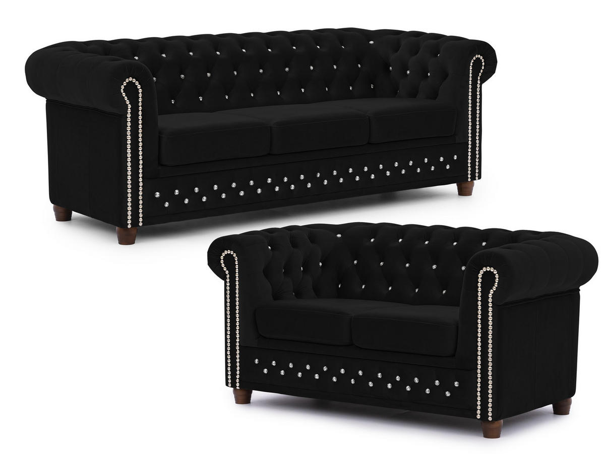 SITZGARNITUR 3+2 Chesterfield Cleo Blink Schwarz Samt mit Kristallsteppung und braunen Massivholzfüßen - Schwarz/Braun, Holz/Textil (203/72/86cm) - S-Style Möbel