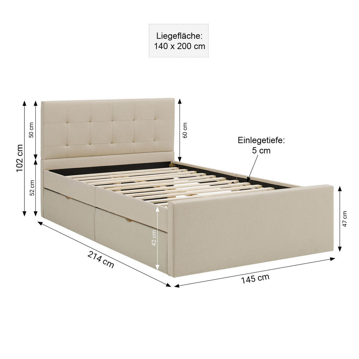 POLSTERBETT mit Stauraum 140/200 cm in Beige + Lattenrost - Anthrazit/Beige, Textil (140/200cm) - Homestyle4u