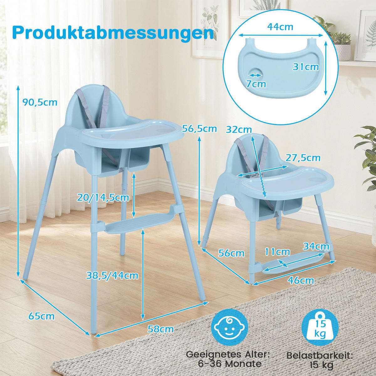 KINDERHOCHSTUHL aus Metall blau - Blau, Metall (56/56.5/46cm) - COSTWAY