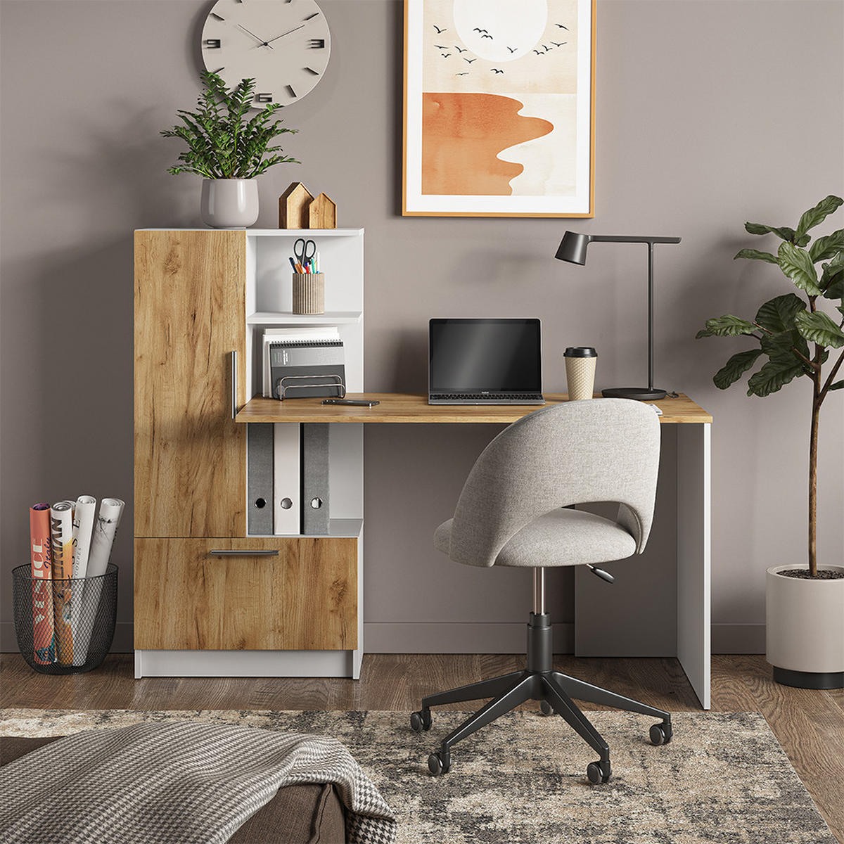 SCHREIBTISCH Tomy Weiß/Goldkraft Eiche 150 x 59 cm - Eiche Wotan/Weiß, Holzwerkstoff (59/150/120cm) - Vicco