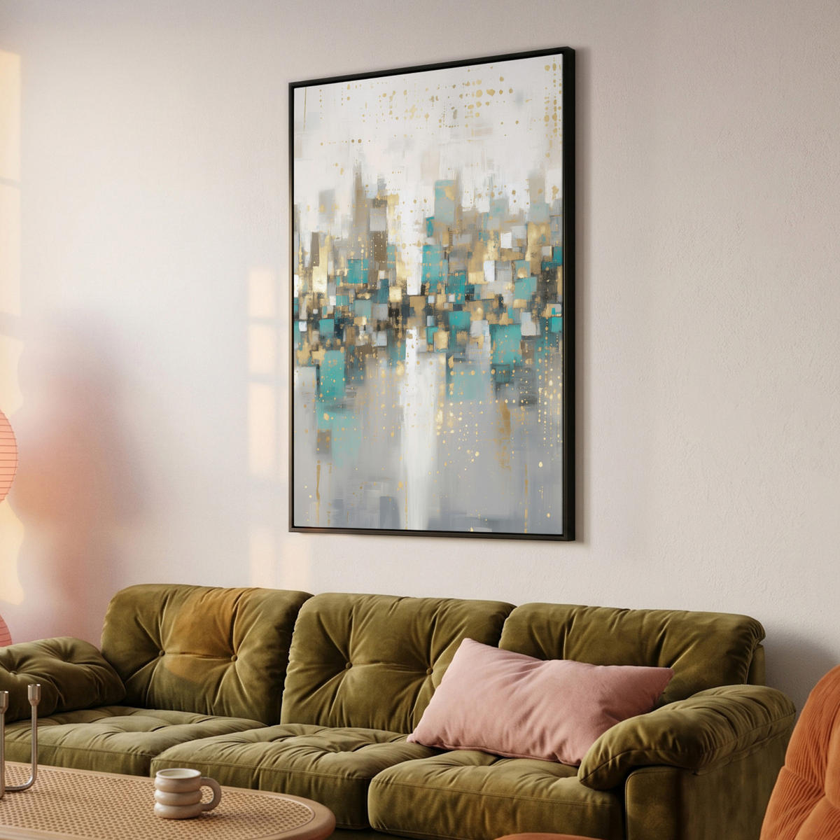 LEINWAND Bilder mit Rahmen - Abstrakt - Blöcke - Gold - Skyline - 80x120 - Beige, Textil (80/120cm) - MuchoWow