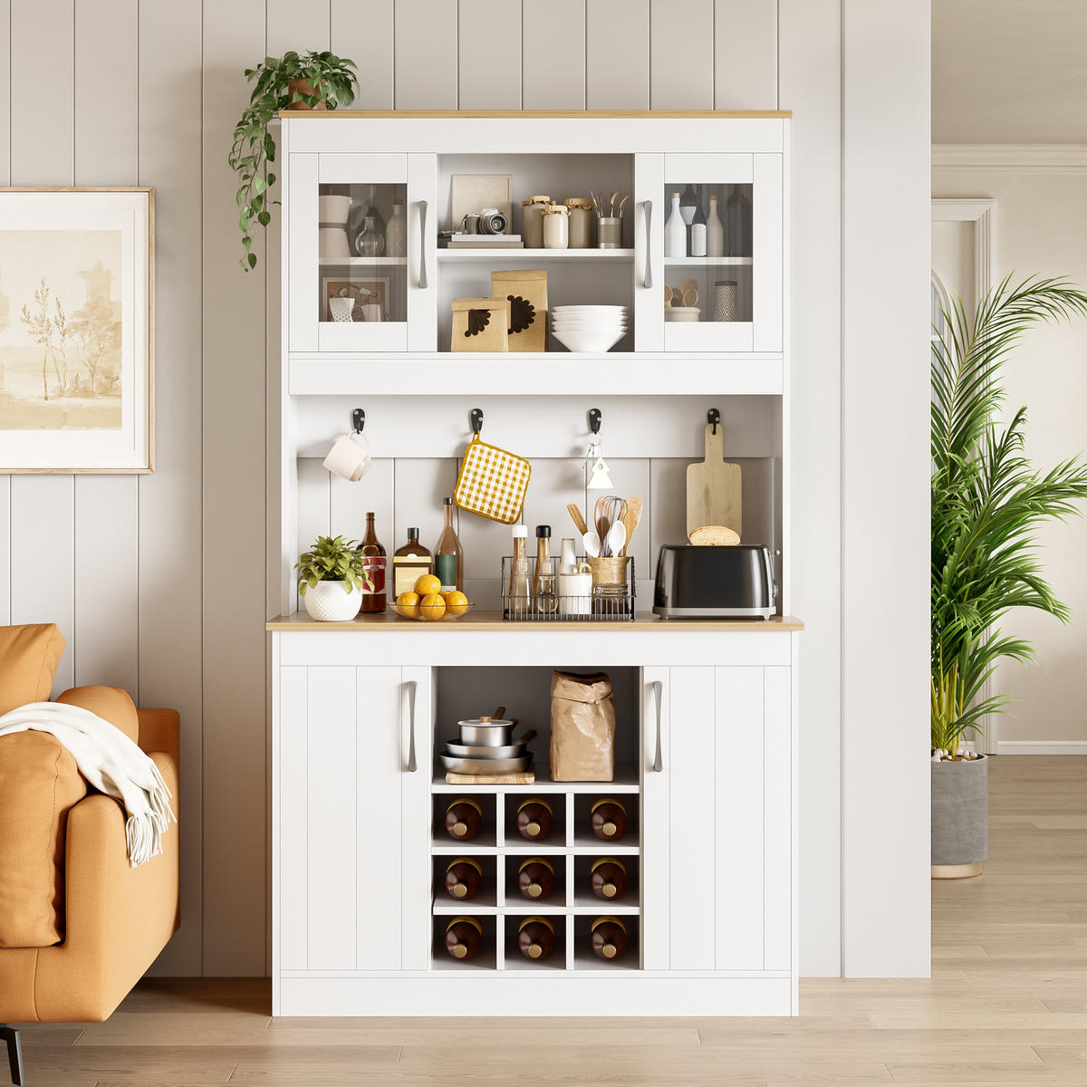 BUFFET Weiß Naturfarben 106/39/175 cm Glastüren Weinregal - Naturfarben, Holz (106/175/39cm) - PANGIVO