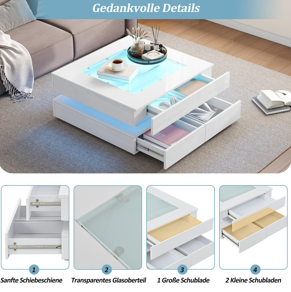 COUCHTISCH 70/70 cm mit LED-Beleuchtung, Glasplatte und 3 Schubladen - Weiß, Holzwerkstoff (70/70/35cm) - BEAOK