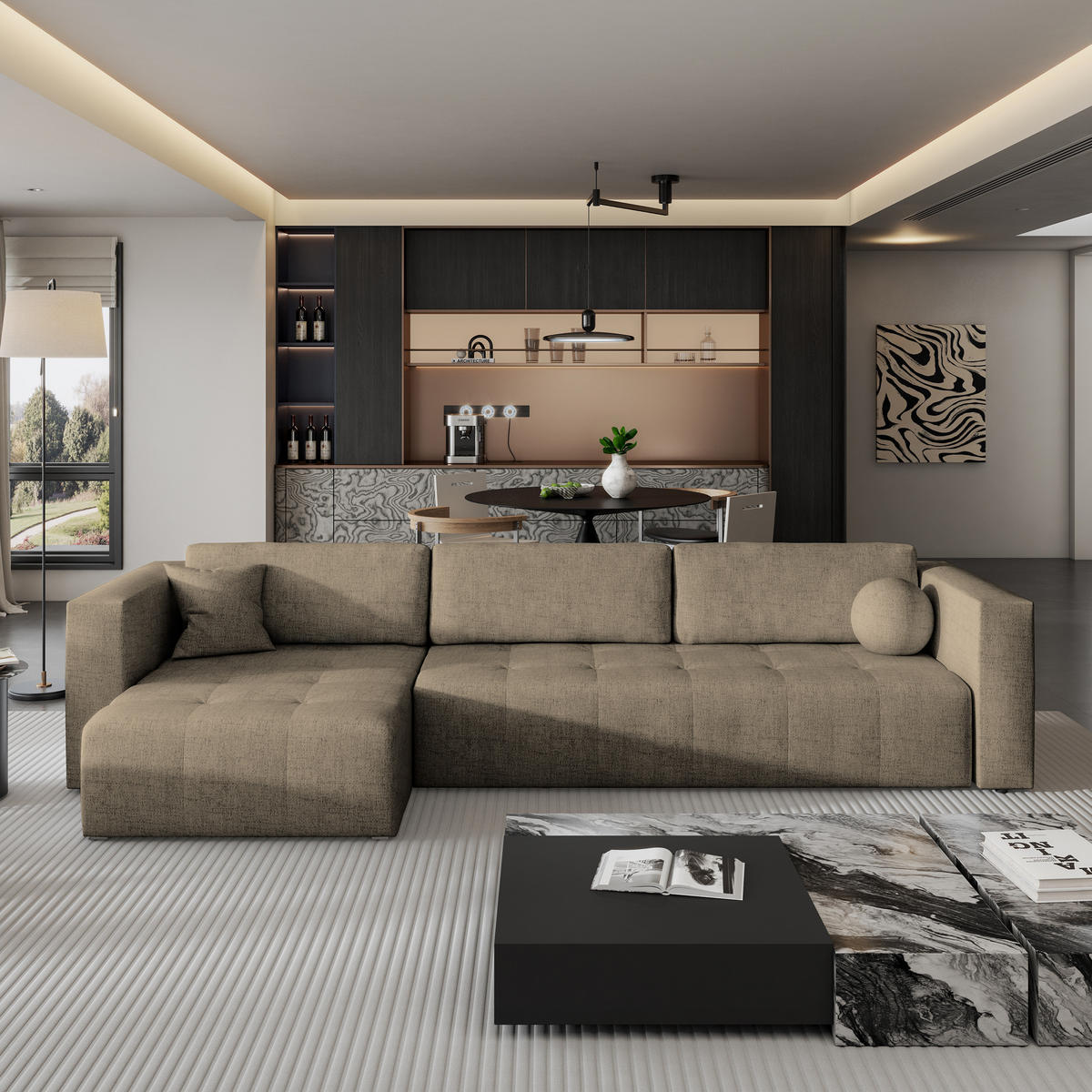 ECKSOFA OLVERA Braun Geflochtener Stoff mit Schlaffunktion - Braun, Holz (347/148cm) - MASSENO