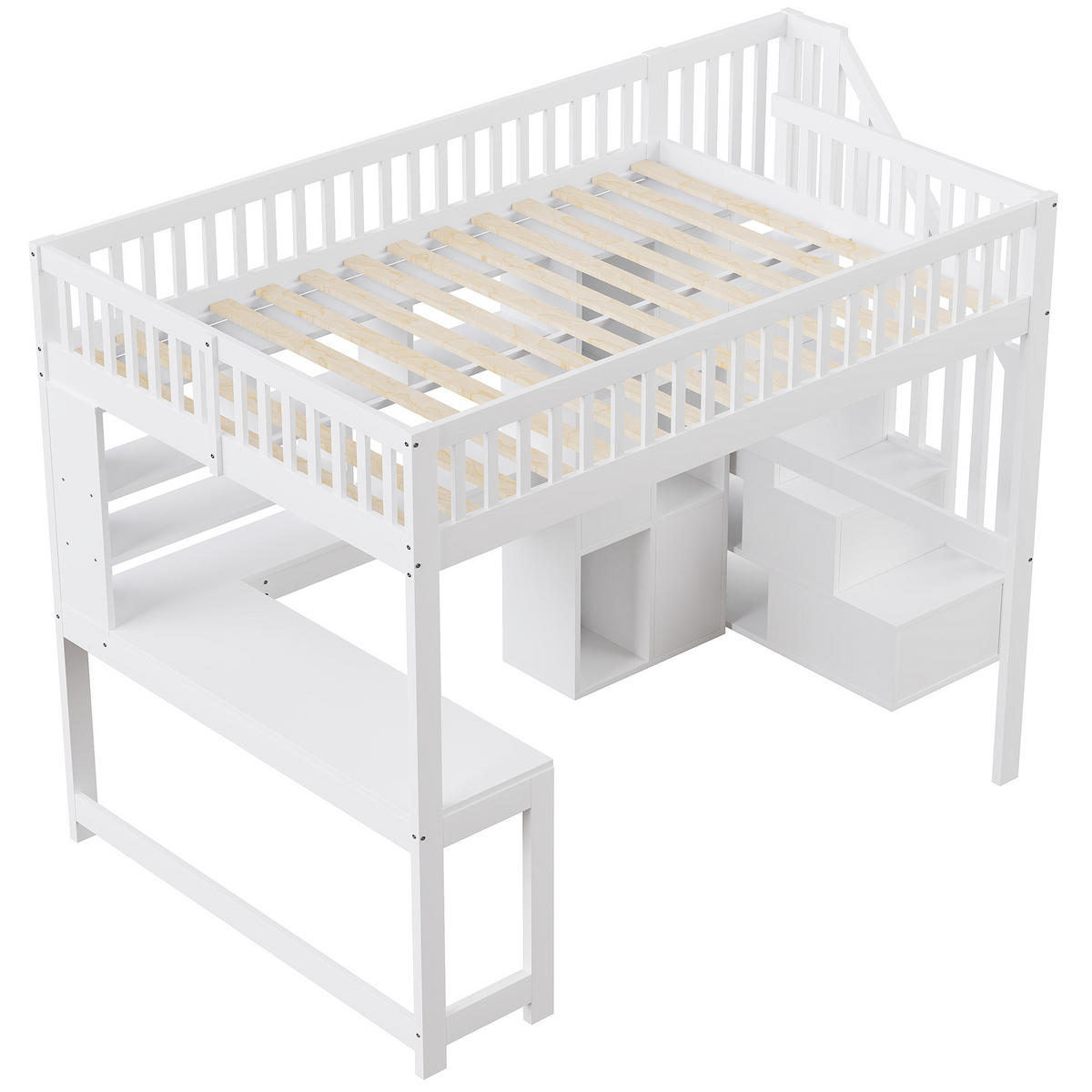 HOCHBETT 140x200cm Weiß LED-Licht Ablageleiter Schreibtisch - Weiß, Holz (140/200cm) - FLIEKS