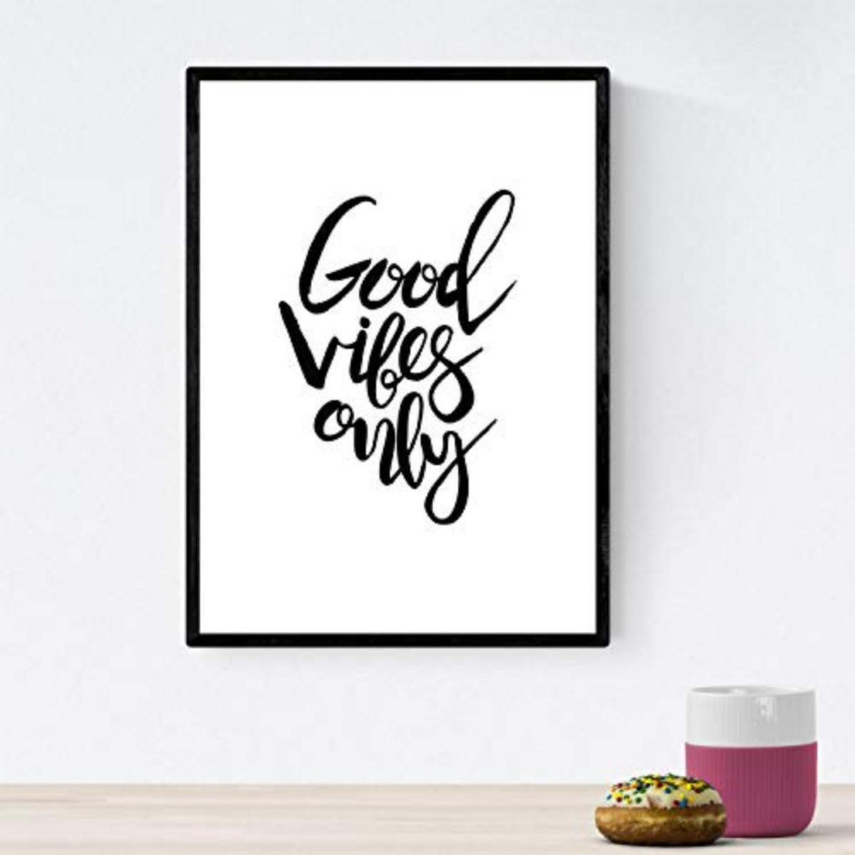 POSTER Set mit 4 glücklich und bunt ‚Gutes Leben‘ A4 Schwarzer Rahmen - Schwarz, Papier (29.7/3cm) - Nacnic