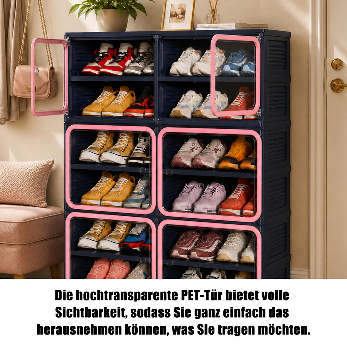 SCHUHSCHRANK, Doppelfach mit 6 Ebenen, faltbar, montagefrei, aus Kunststoff, Flurmöbel, Blau-Pink - Pink, Kunststoff (85/104/34cm) - GENKI LIVING