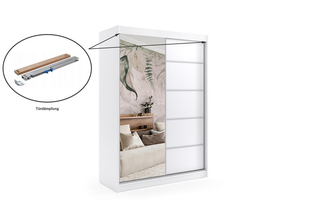 KLEIDERSCHRANK mit Spiegel-Schiebetüren und Aluminium-Leisten - MAKI - 160 cm Weiß - Weiß, Holzwerkstoff (160/216/61cm) - ALTDECOR