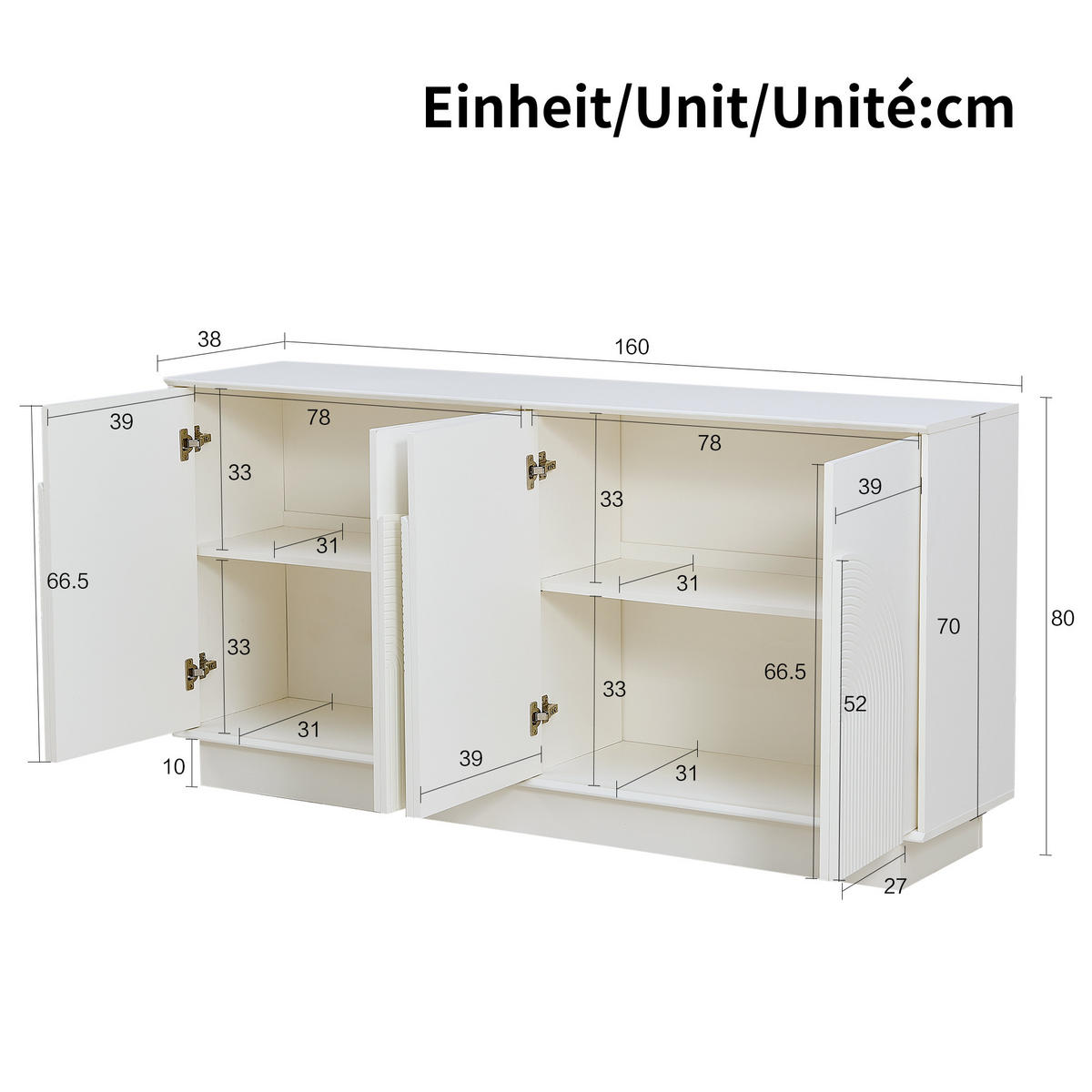 SIDEBOARD 4 Türen mit gewölbten Paneelen, MDF, matte Oberfläche - Weiß, Holzwerkstoff (160/80/38cm) - Urban Meuble