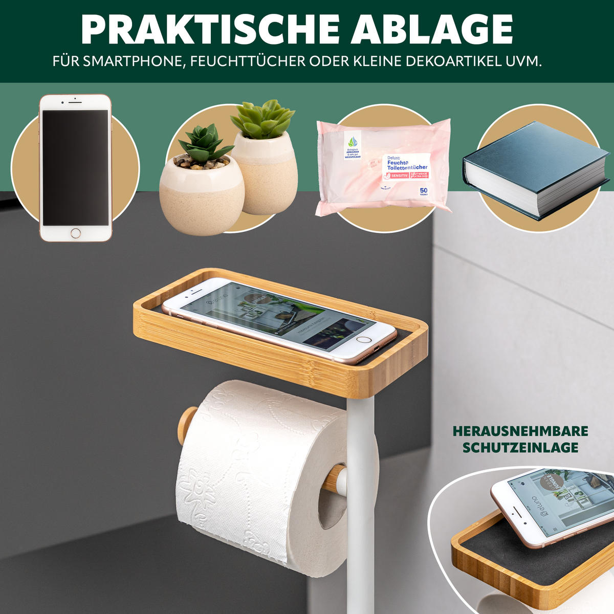 STAND-WC-GARNITUR 4in1, Bambus/Metall weiß - Weiß, Metall (30/68/18cm) - eluno