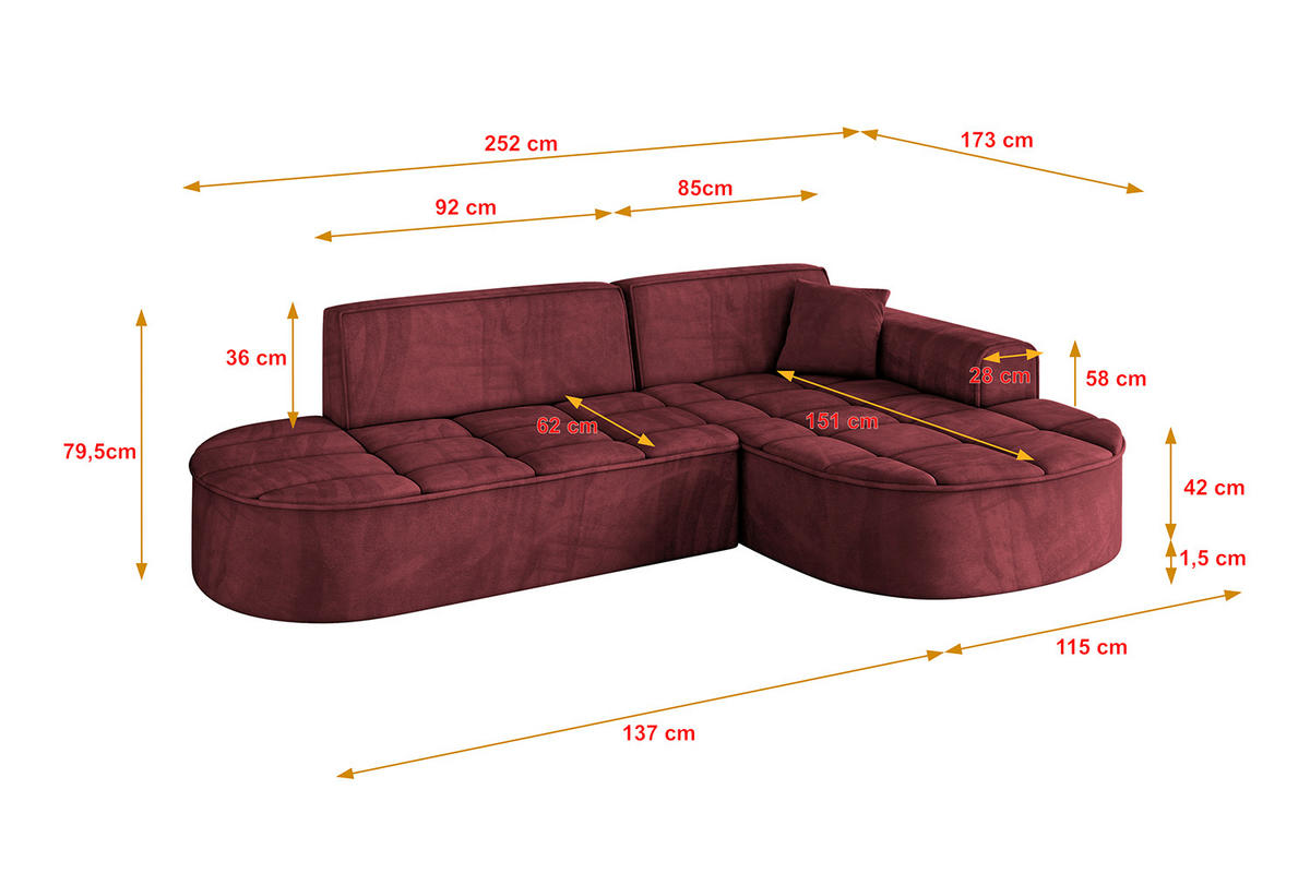 ECKSOFA Ottomane Rechts LIVO-L1 - 252x173x79,5 cm Bordeauxrot - Bordeaux, Holzwerkstoff/Textil (252/173cm) - ALTDECOR