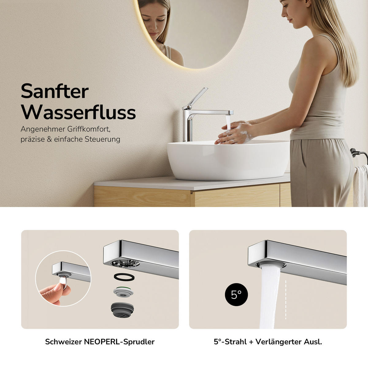 WASCHTISCHARMATUR mit Zertifiziertem Filterelement Verchromt Hoher Stil - Chromfarben, Metall (23.3/4.6/33.5cm) - EMKE