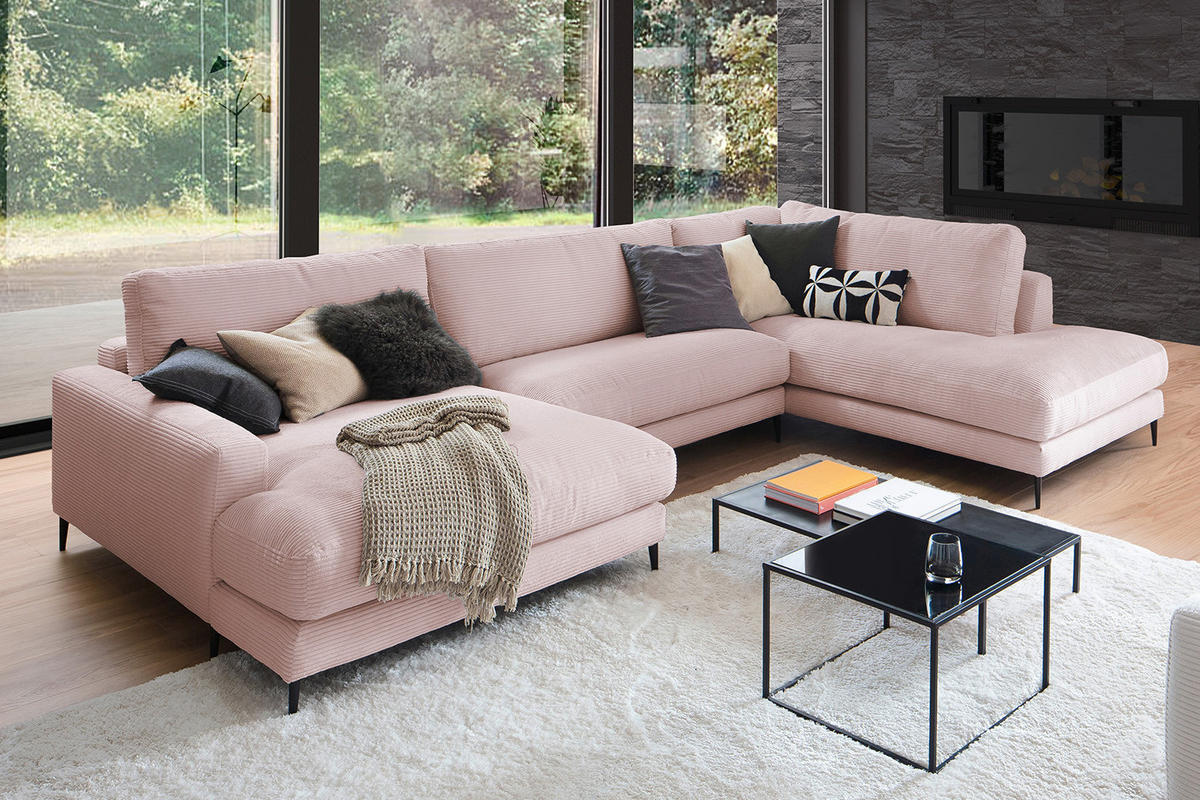 WOHNLANDSCHAFT CARA Pink Cord - Pink/Roségold, Textil (341/84/223cm) - KAWOLA