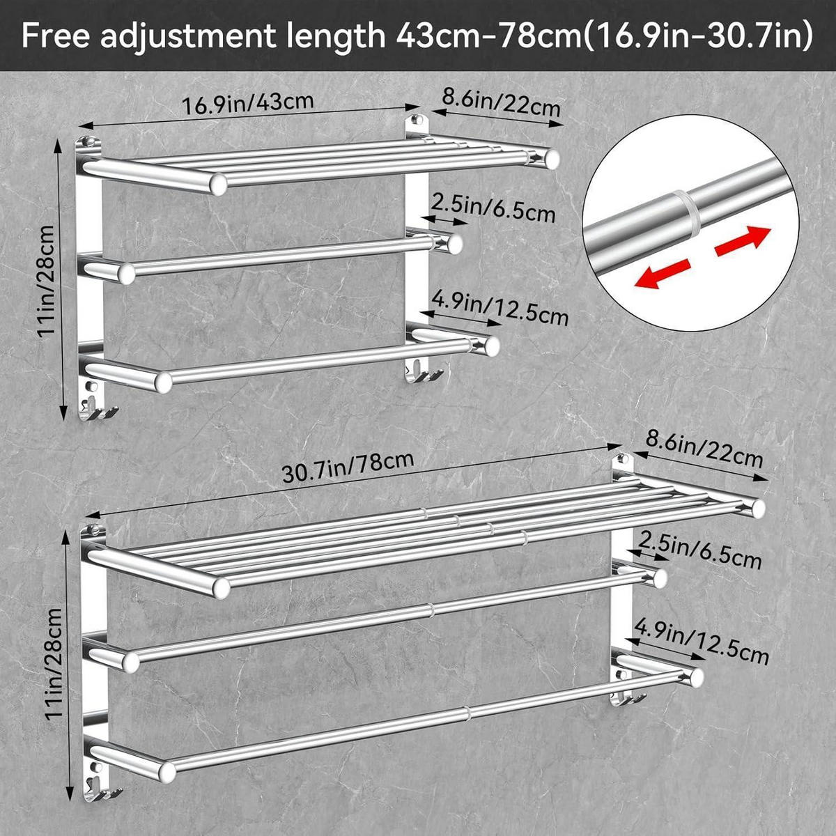 HANDTUCHHALTER ausziehbar 43-78 cm Edelstahl ohne Bohren - Silberfarben, Metall (14/8/43cm)