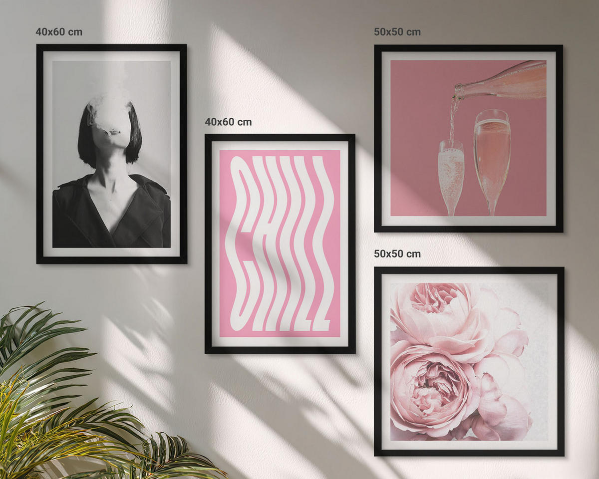 WANDBILDER 4er-Set - 50x50 cm & 40x60 cm Schwarzer Rahmen - Stilvolles Porträt mit Champagner - Schwarz, Kunststoff (50/50cm) - ArtPrintCave