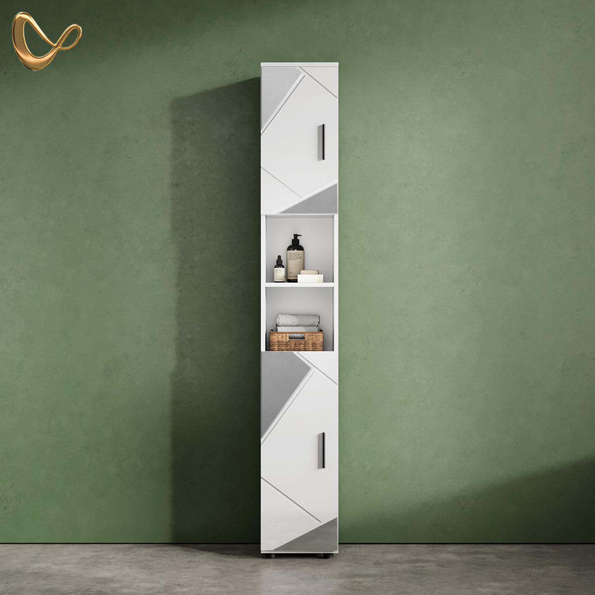 BADSCHRANK Ronco Weiß Hochglanz mit Einsätzen 30 x 192 cm - Weiß Hochglanz/Grau, Holzwerkstoff (30/192/30cm) - Livinity®