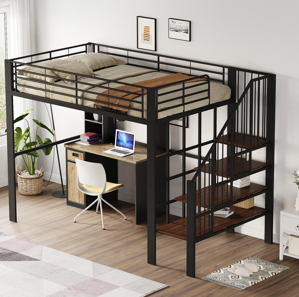 HOCHBETT 140/200 cm Schwarz mit Treppe und Stauraum aus Metall - Schwarz, Metall (140/200cm) - Flora Grace
