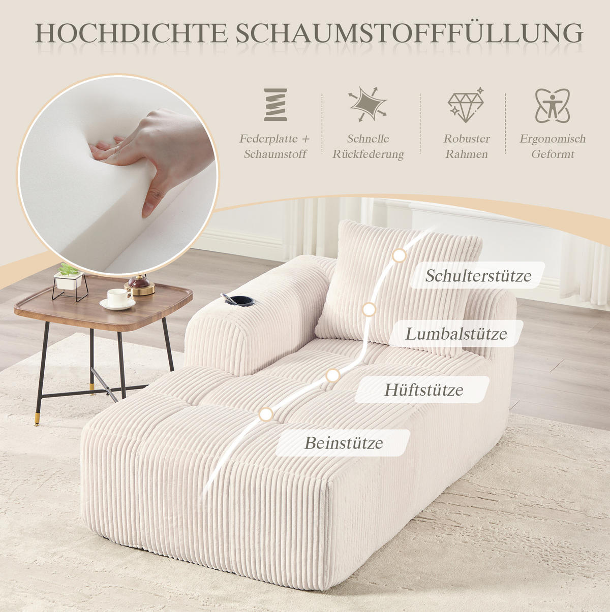 LOUNGESESSEL Cord mit Seitenfächern und Becherhalter 158/93/61 cm Beige - Beige, Textil (93/61/158cm) - Redom